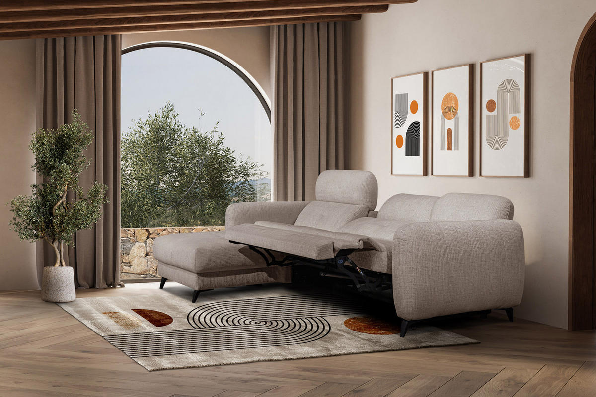 ECKSOFA SVEN 3-Sitzer, 1 Relax XL, verstellbare Kopfstützen, beige - Beige/Schwarz, Holzwerkstoff/Textil (256/163cm) - Courtois Laville