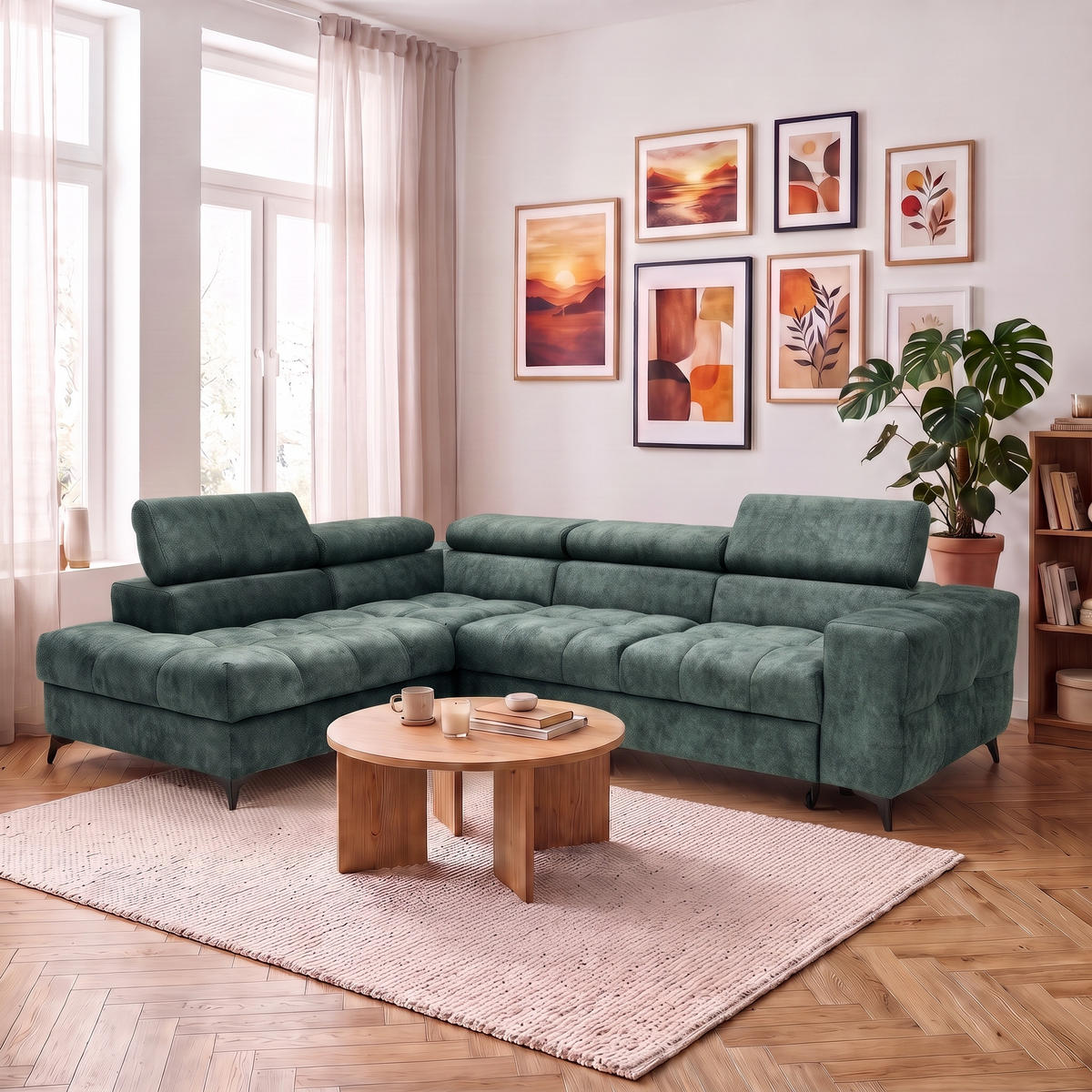ECKSOFA PUDDING L Links mit Schlaffunktion 128x197 Velours Jadegrün - Jadegrün/Schwarz, Holz/Textil (270/204cm) - Muffo