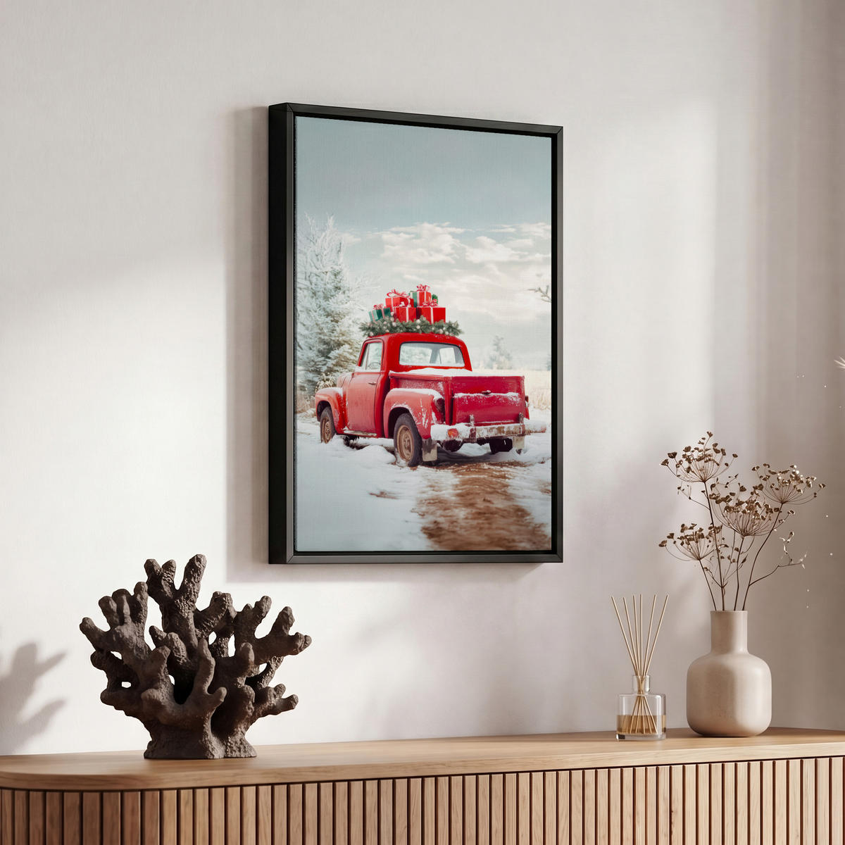 LEINWAND Bilder mit Rahmen - Auto - Rot - Geschenke - Winter - Schnee - Weihnachten - 20x30 - Rot, Textil (20/30cm) - MuchoWow