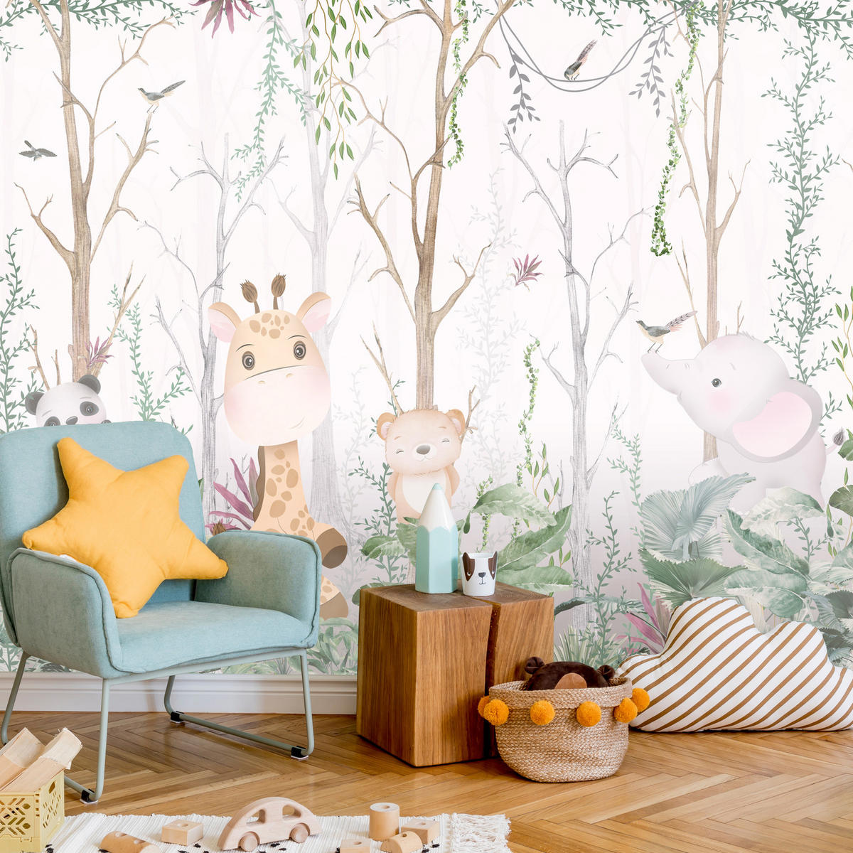 FOTOTAPETE für Kinderzimmer Märchenhafte Tiere Wald Bäume Pflanzen 500x350 - Beige/Rosa, Papier (500/350cm) - Muralo