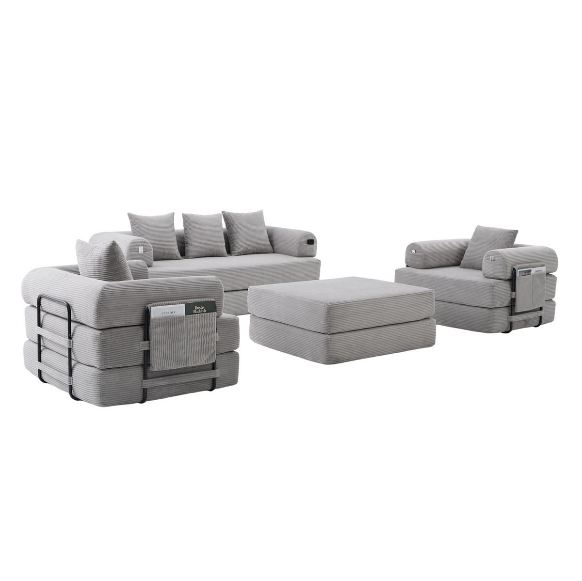 SOFA 200/190/67 cm in Hellgrau aus Cord mit Hocker und Kissen - Hellgrau, Textil (190/67/200cm) - Flora Grace