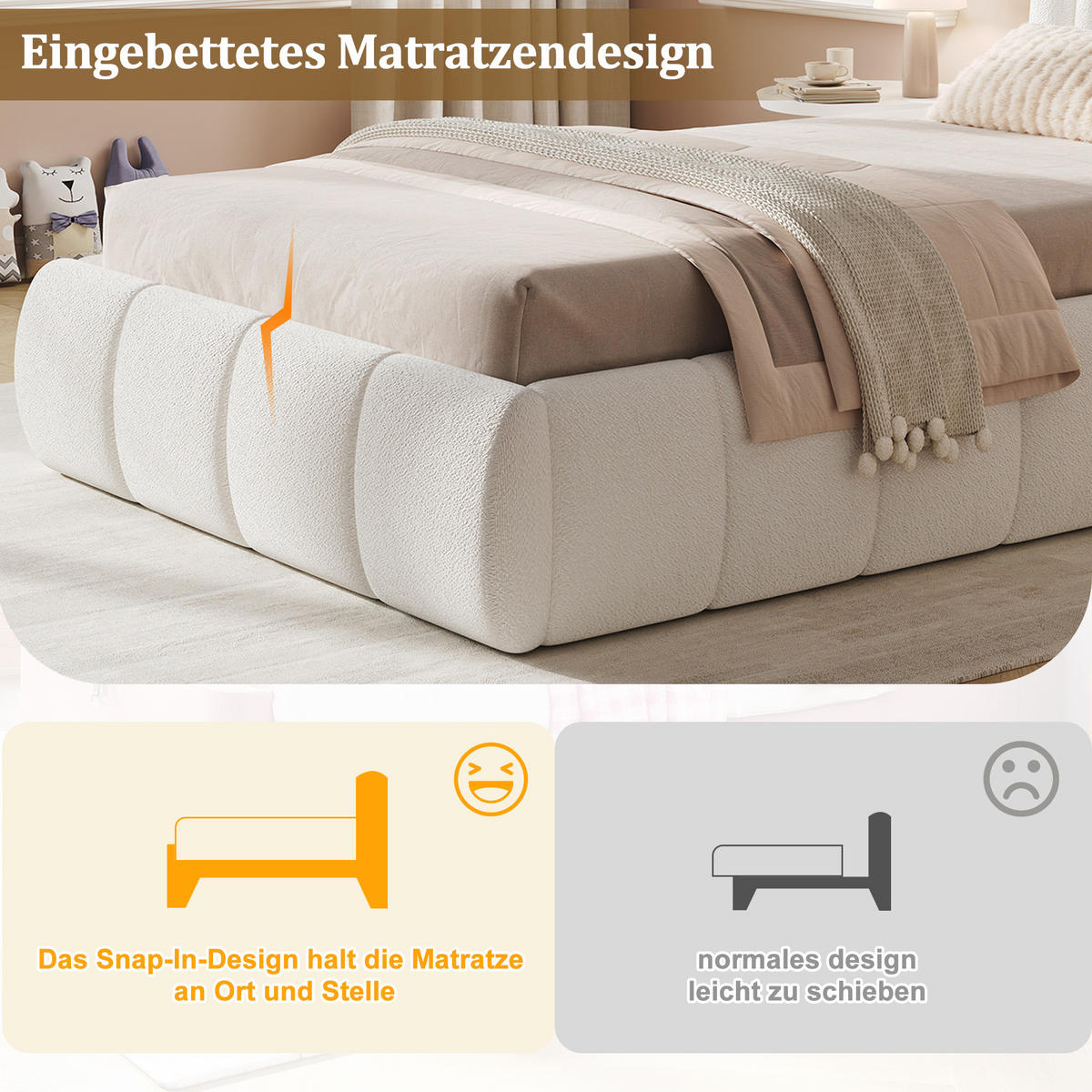 KINDERBETT Beige Bouclé 90x200 Hydraulik Stauraum Lattenrost - Beige, Leder (90/200cm) - FLIEKS