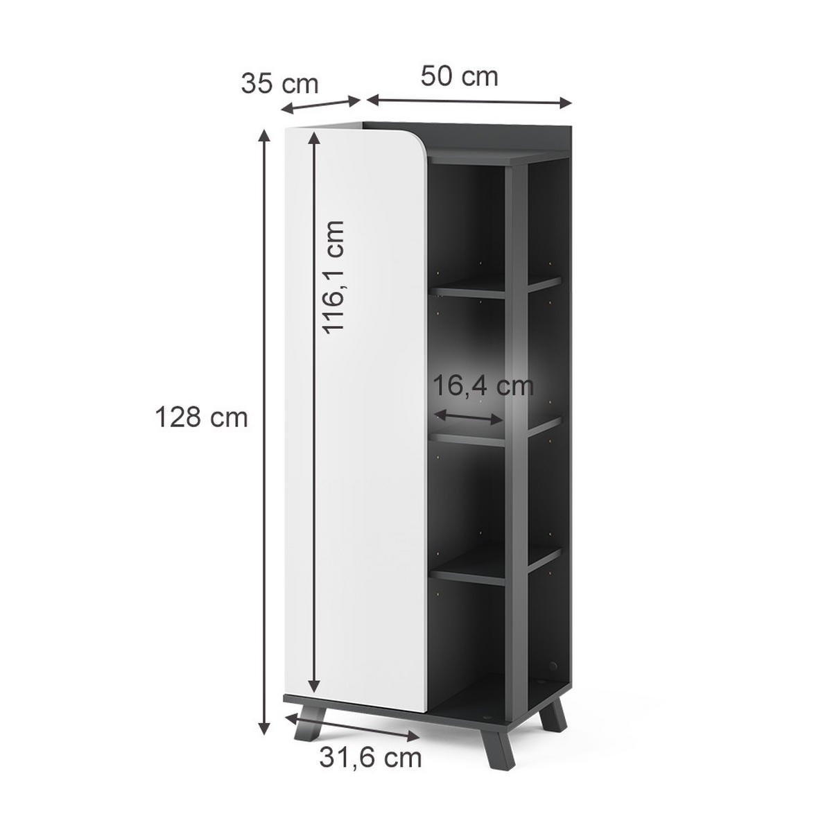MIDISCHRANK Karen Anthrazit/Weiß 50 x 128 cm mit Tür und offenen Fächern - Anthrazit/Weiß, Holzwerkstoff (50/128/35cm) - Vicco