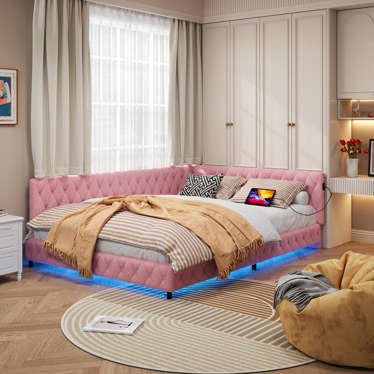 POLSTERBETT 140/200 cm rosa mit LED und USB - Rosa, Holz