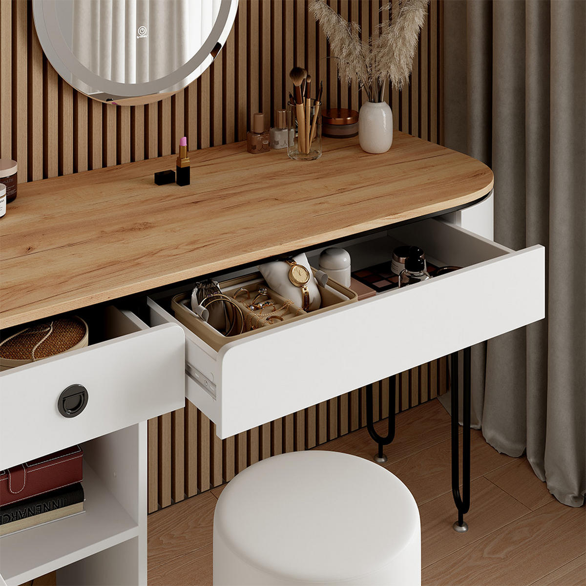 SCHMINKTISCH Mia Weiß/Naturholz 120 cm mit LED-Spiegel - Weiß/Naturfarben, Holzwerkstoff (120/77/55cm) - Vicco