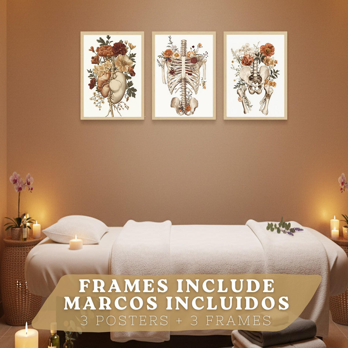 POSTER Set aus 3 Anatomie Mensch Florale Vintage Drucke und Wandbilder mit Herz Brustkorb und Becken Wanddekoration Größe Leichter Holzrahmen A3 - Beige, Papier (29.7/42/3cm) - Nacnic