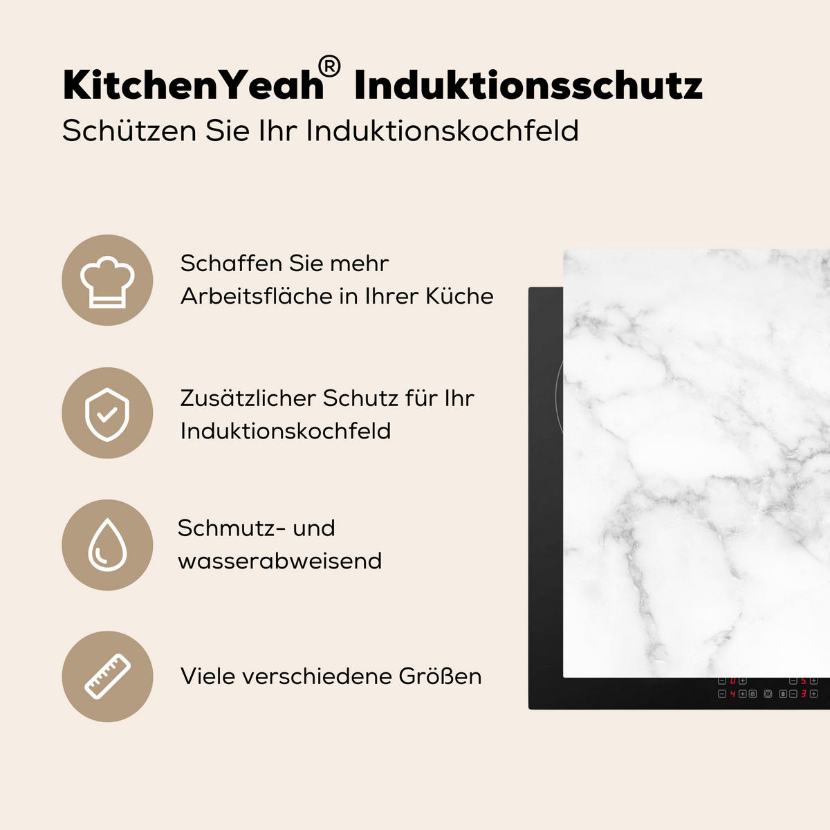 HERDABDECKPLATTE Marmor - Grau - Weiß - Strukturierter Marmor 85x52 cm - Weiß, Kunststoff (85/0.2/52cm) - MuchoWow