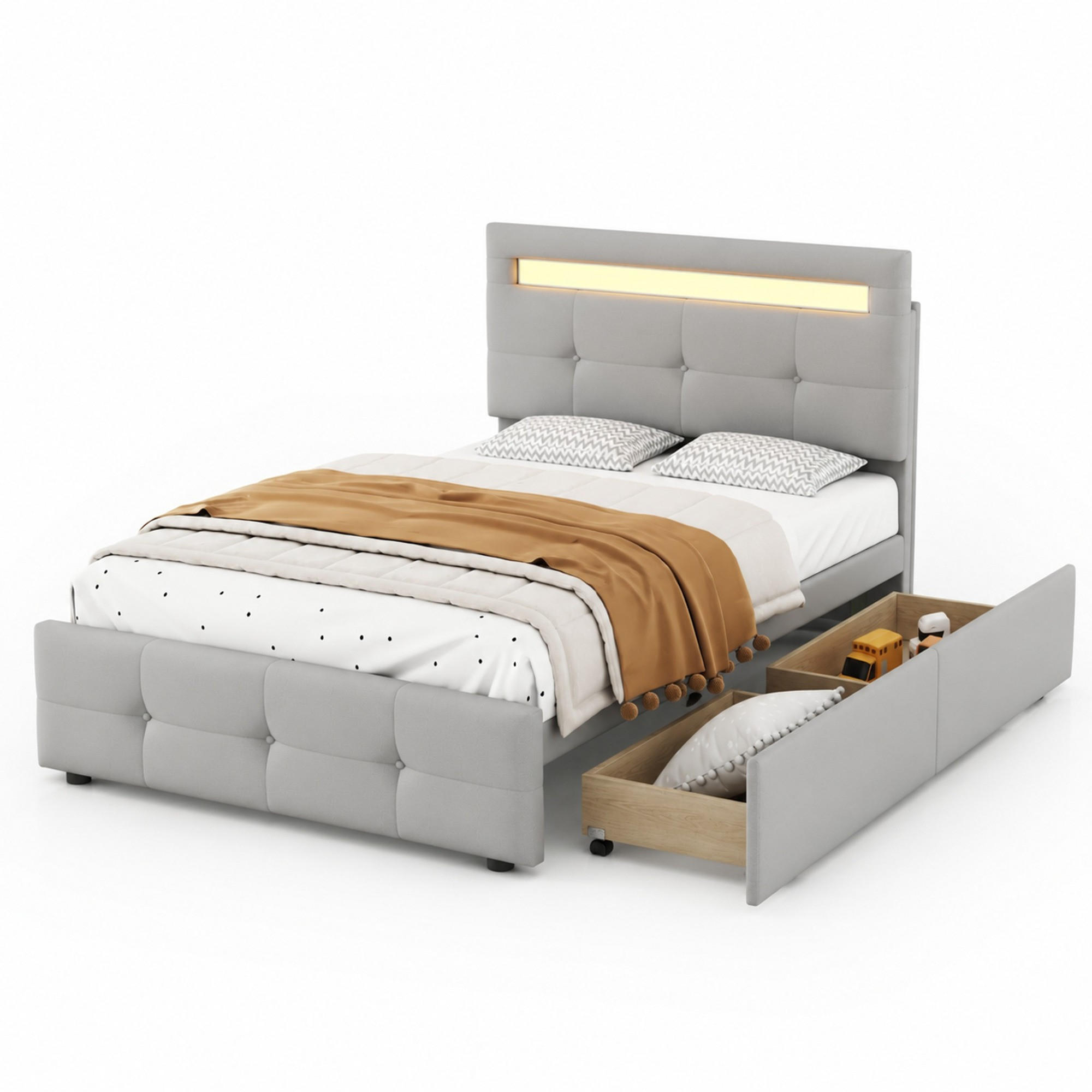 POLSTERBETT 90/200 mit LED, 2 Schubladen und Lattenrost in Grau - Grau, Holzwerkstoff/Textil (90/200cm) - EVRYAE