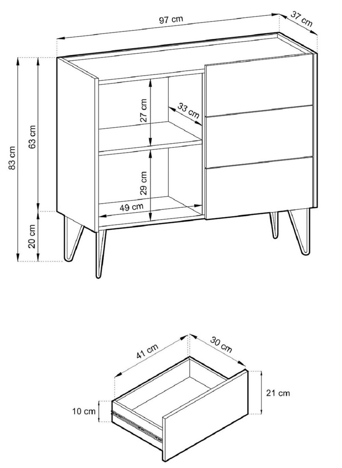 KOMMODE 97 Olven mit 3 Schubladen, goldene Beine, Schwarz - Goldfarben/Schwarz, Holz/Metall (97/83/37cm) - Emporius