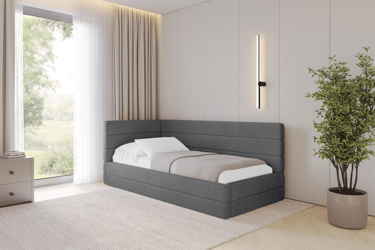 EINZELLBETT Jugendbett mit Bettkasten, Rechts - BEMY 90x200 Dunkelgrau - Schieferfarben, Holzwerkstoff/Textil (90/200cm) - ALTDECOR