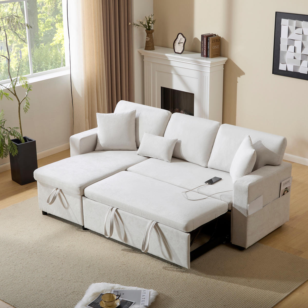 ECKSOFA mit USB-Anschluss Bettkasten Regal Beige - Beige, Textil (214/131cm) - EVRYAE