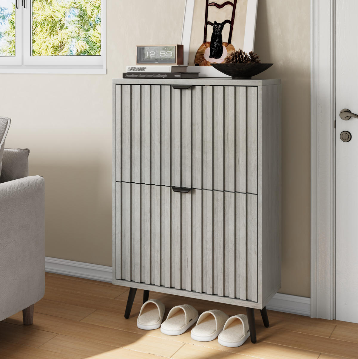 SCHUHSCHRANK mit Klappen 60 cm in Grau, platzsparend mit Rillenfront - Grau, Holzwerkstoff (60/94/24cm) - BEAOK