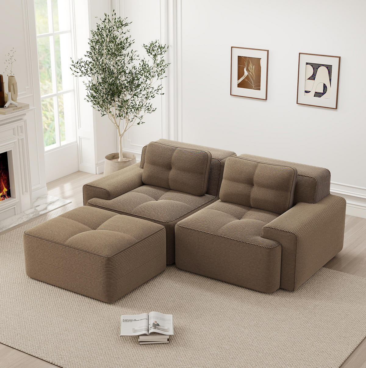 SOFA modular boneless mit 74 cm Tiefsitz Corduroy Brown - Braun, Kunststoff (177/204.1cm) - Meubliv
