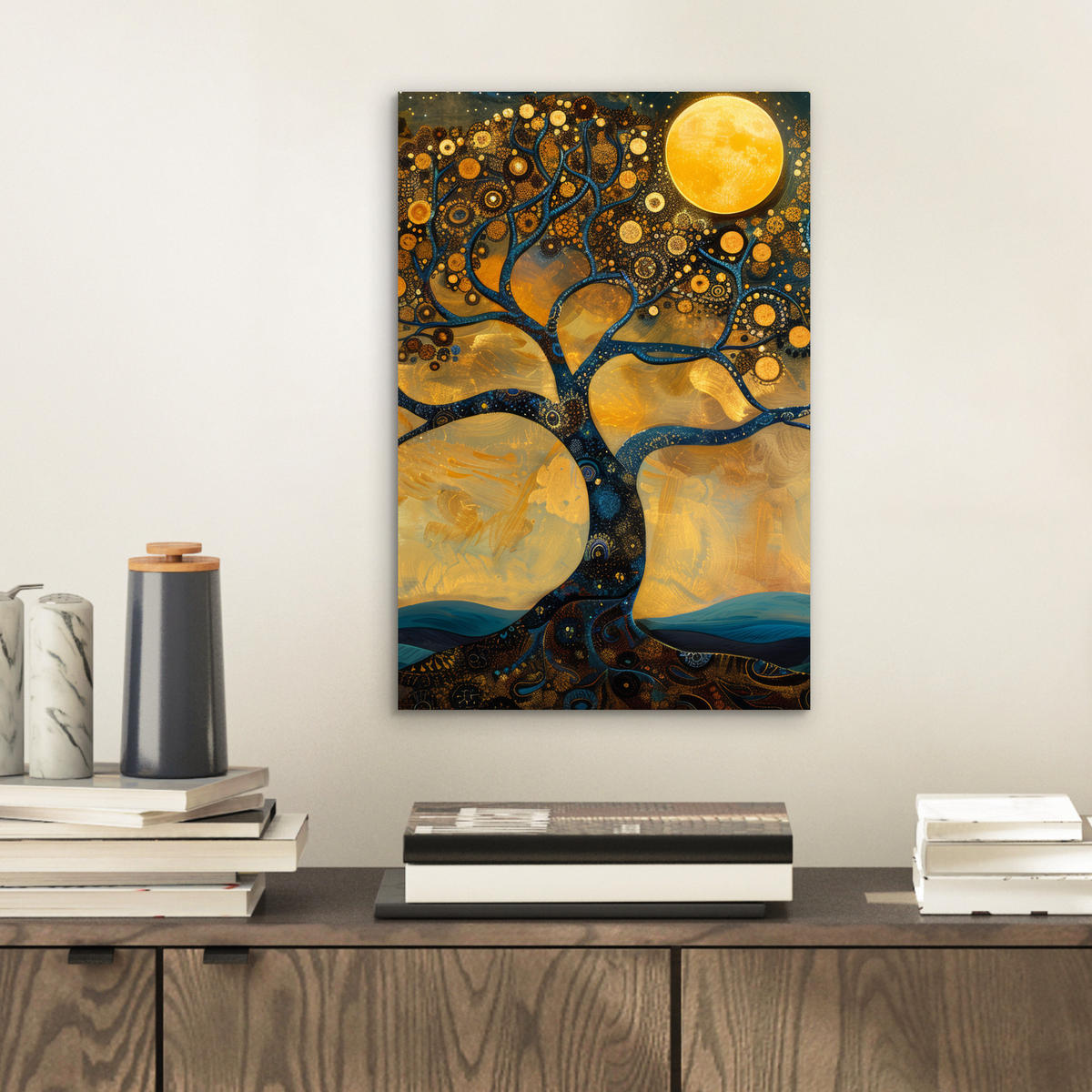 METALLBILD Baum - Mond - Blumen - Gold - Kunst 20x30 cm - Orange, Metall (20/30cm) - MuchoWow
