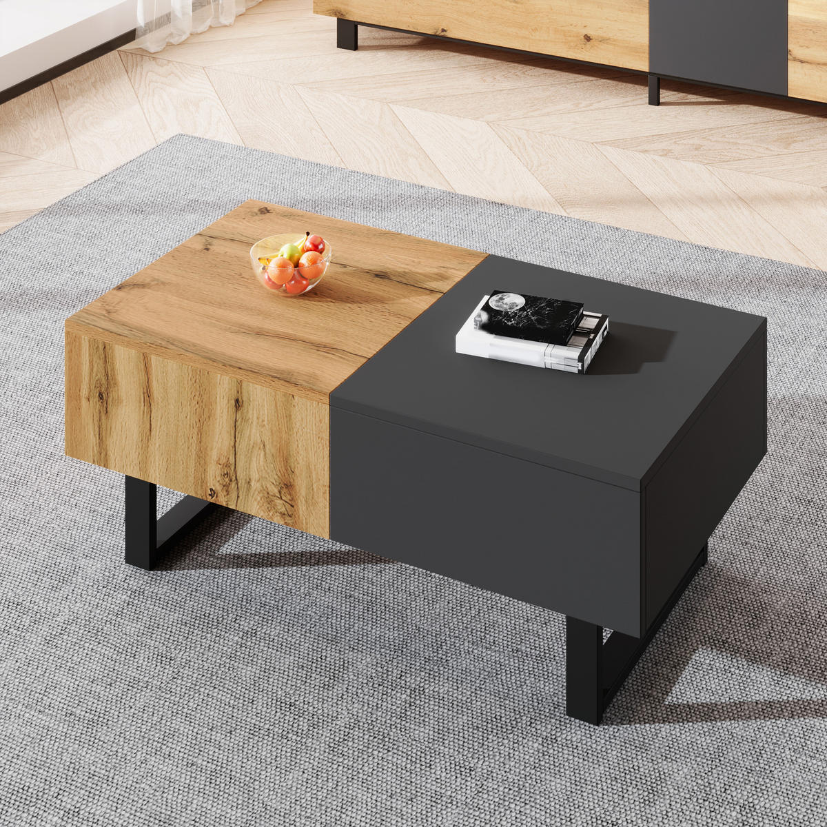 COUCHTISCH in Naturfarben und Anthrazit mit Aufbewahrung und Schiebefunktion für Wohnzimmer, B155/T55/H40 cm - Anthrazit/Schwarz, Holzwerkstoff/Metall (55/155/40cm) - STILVORA