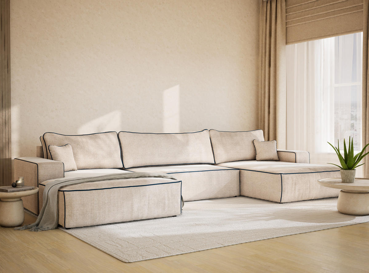 WOHNLANDSCHAFT Deseo Creme-Dunkelblau Chenille-Stoff - Creme/Schwarz, Holz/Holzwerkstoff (398/70/148cm) - Maison de Reve