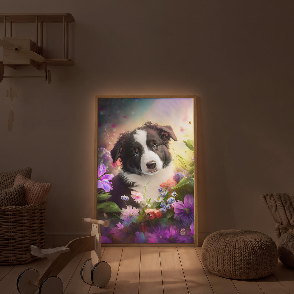 DOBÍJECÍ NOČNÍ LAMPIČKA Štěně - Slunce - Květiny - Příroda - Border kolie - Pes 70x100 cm - fialová, kompozitní dřevo (8/70/100cm) - OnlyWow