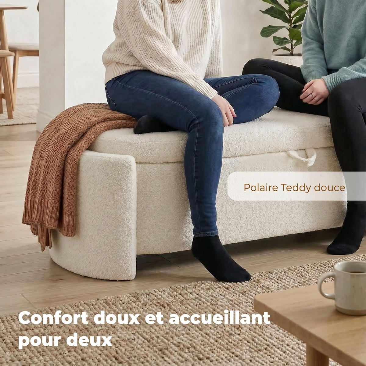 TRUHENBANK DE-16459 oval mit Teddyfell-Bezug und Stauraum Creme - Creme, Textil (129/44/48.5cm) - ComfortXL