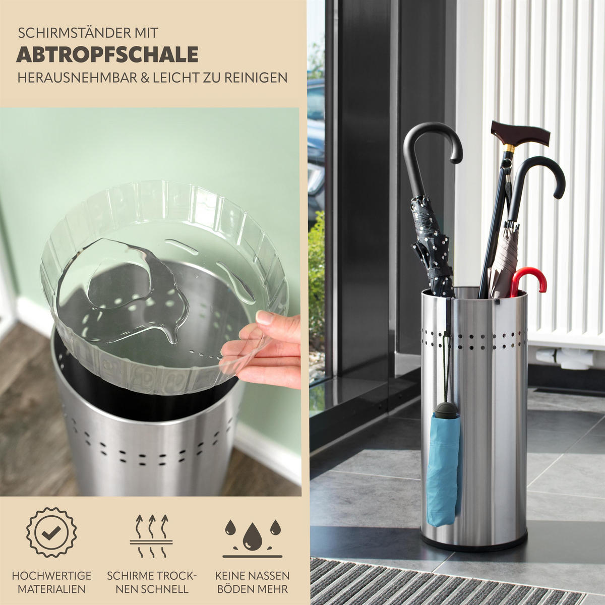 SCHIRMSTÄNDER, mit Abtropfschale, Edelstahl - Edelstahlfarben, Metall (22/50.5/22cm) - bremermann