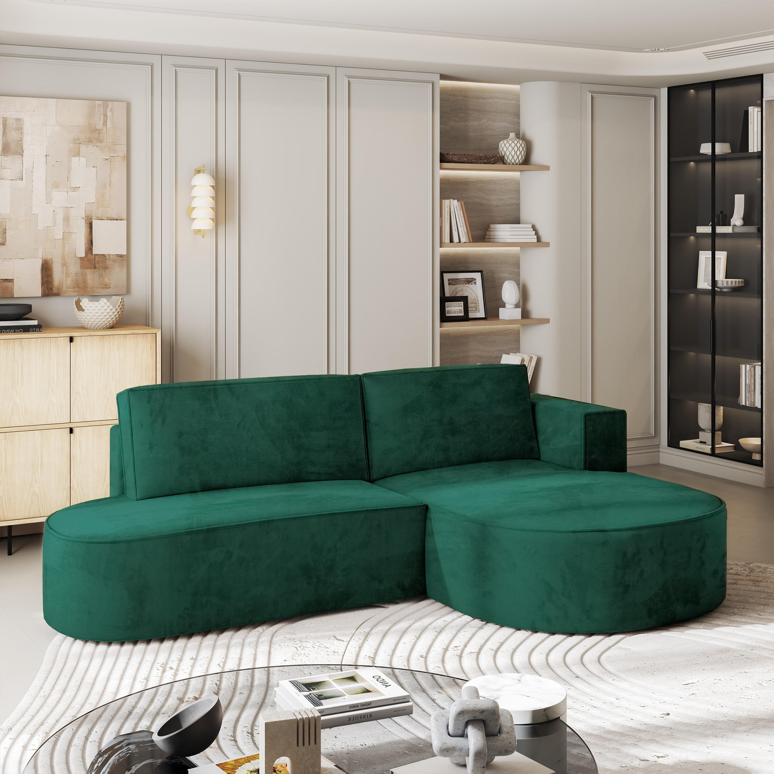 ECKSOFA CORTIO M R-S Grün Velours-Stoff mit Schlaffunktion - Grün, Holz (265/174cm) - MASSENO