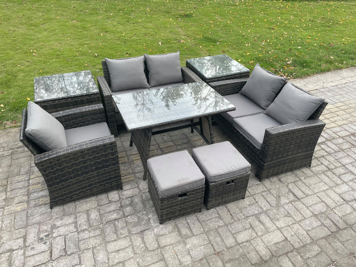 GARTENMÖBELSET mit ESSTISCH,HOCHLEHNER-SOFA Polyrattan Dunkelgrauer Mix 7-Sitzer - Dunkelgrau/Grau, Glas/Kunststoff - Fimous