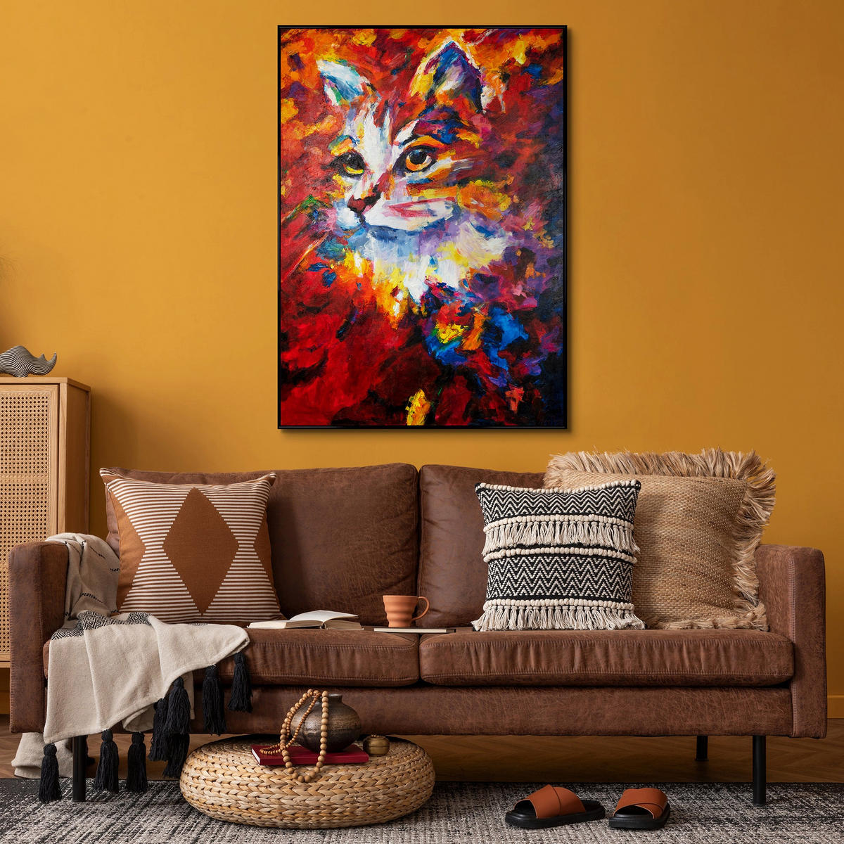 GEMÄLDE Abstrakter Kater Schattenfugenrahmen Schwarz 180x120 cm - Schwarz, Holz (180/120cm) - YS-art gallery