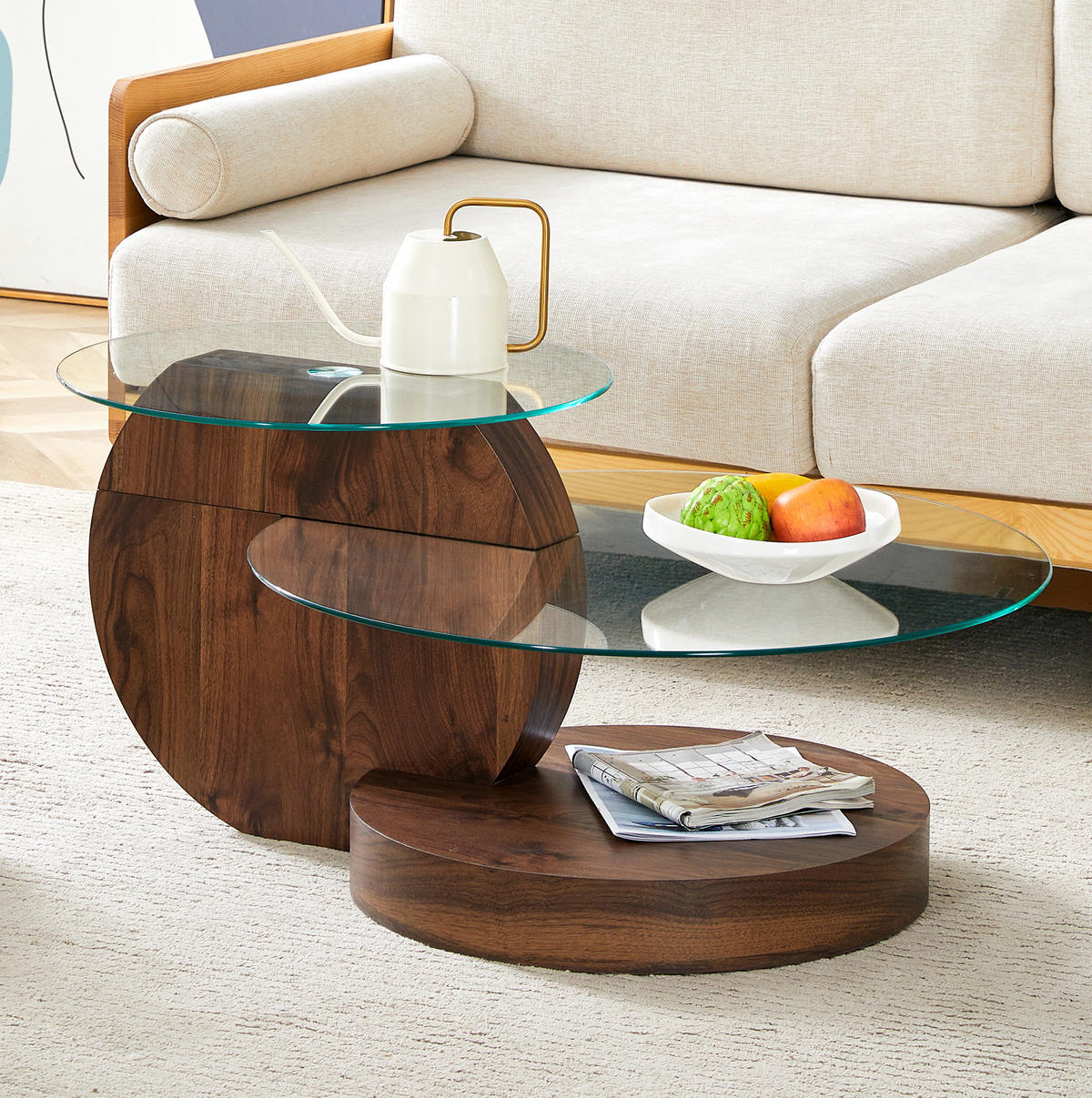 COUCHTISCH Ø 50/70 cm Transparent Nussbaum MDF Glas mit Ablagen - Walnussfarben, Holzwerkstoff (90/70/44cm) - OKWISH