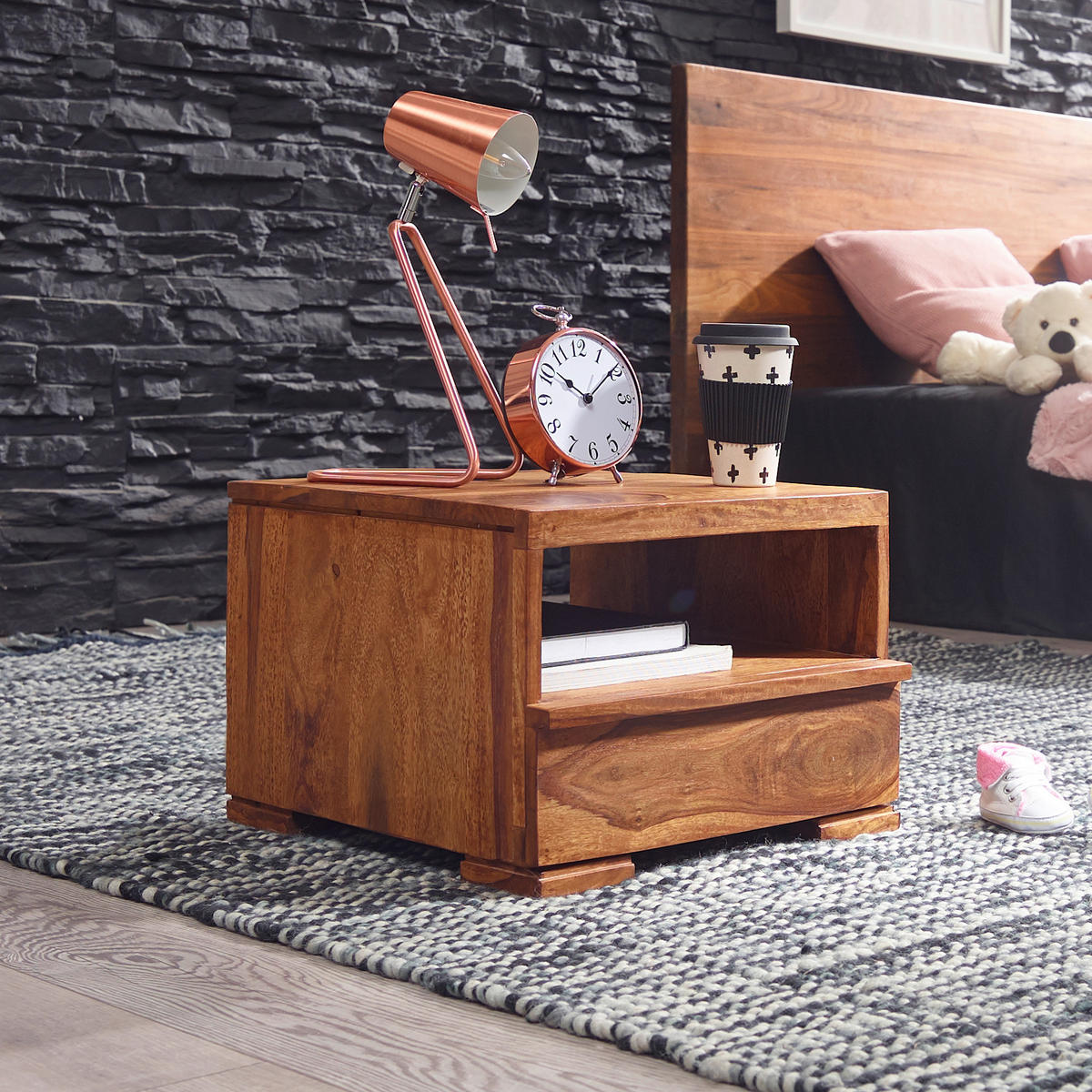 NACHTTISCH Massivholz Schublade Ablage Pflegeleicht NAKO, Braun 40x40x30 cm - Braun, Holz (40/30/40cm) - KADIMA DESIGN