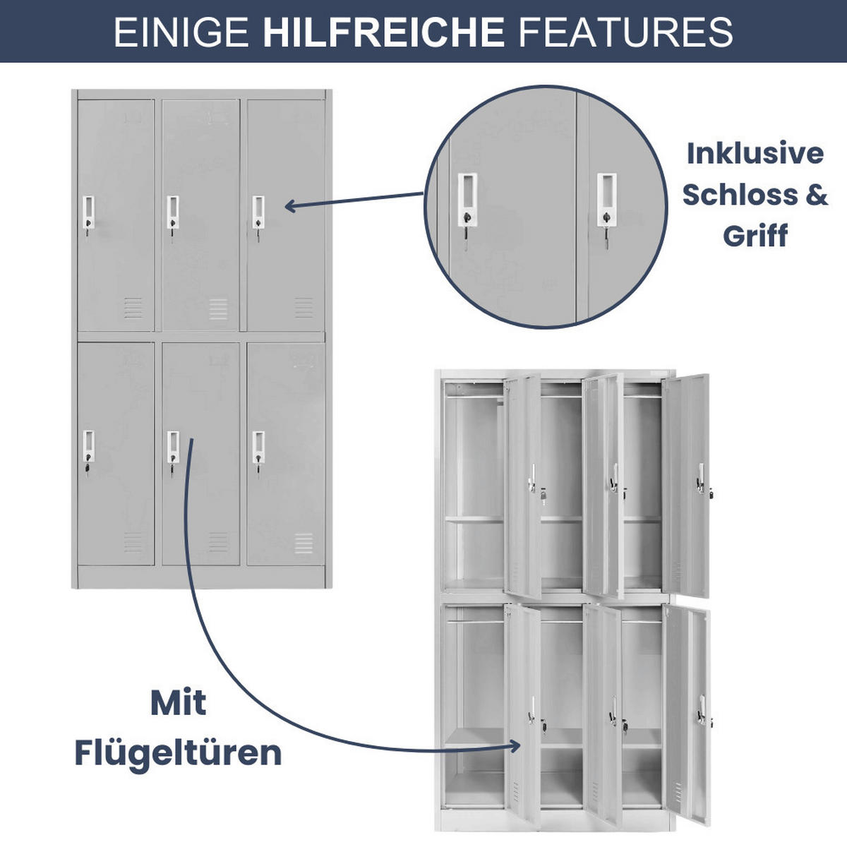 UMKLEIDESCHRANK Spind IGOREK 6 Abteile 150x90x45cm Grau - Grau, Metall (90/150/45cm) - Jan Nowak