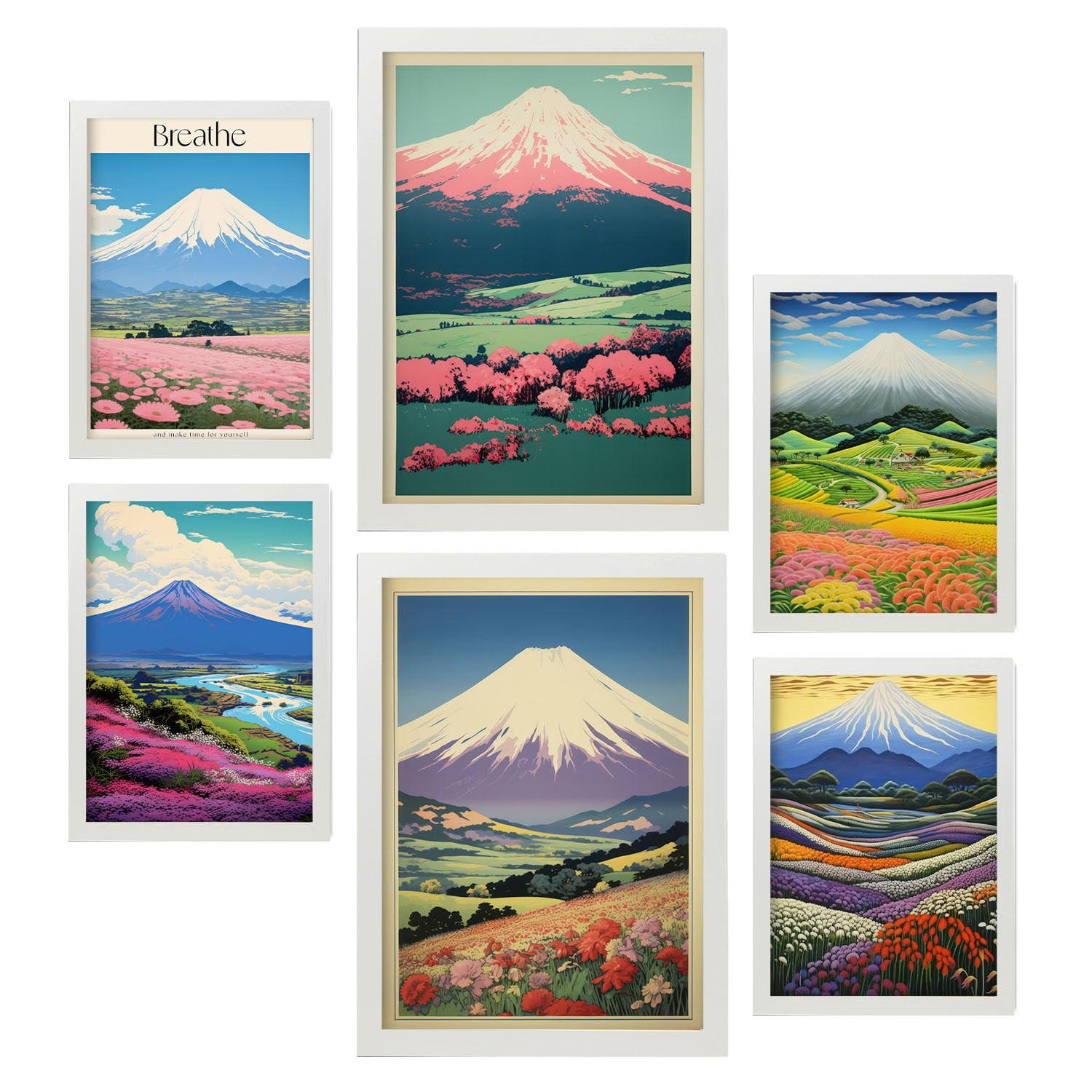 POSTER Set Mit 6 Massiver Berg In Vielseitiger Stil A3 & A4 Weißer Rahmen - Weiß, Papier (29/3cm) - Nacnic