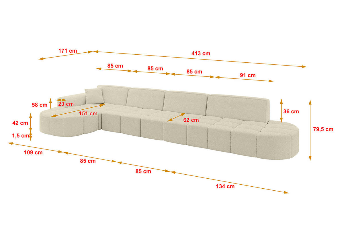 ECKSOFA Ottomane Links LIVO-L3 - 413x171x79,5 cm Beige - Beige, Holzwerkstoff/Textil (413/79.5/171cm) - ALTDECOR