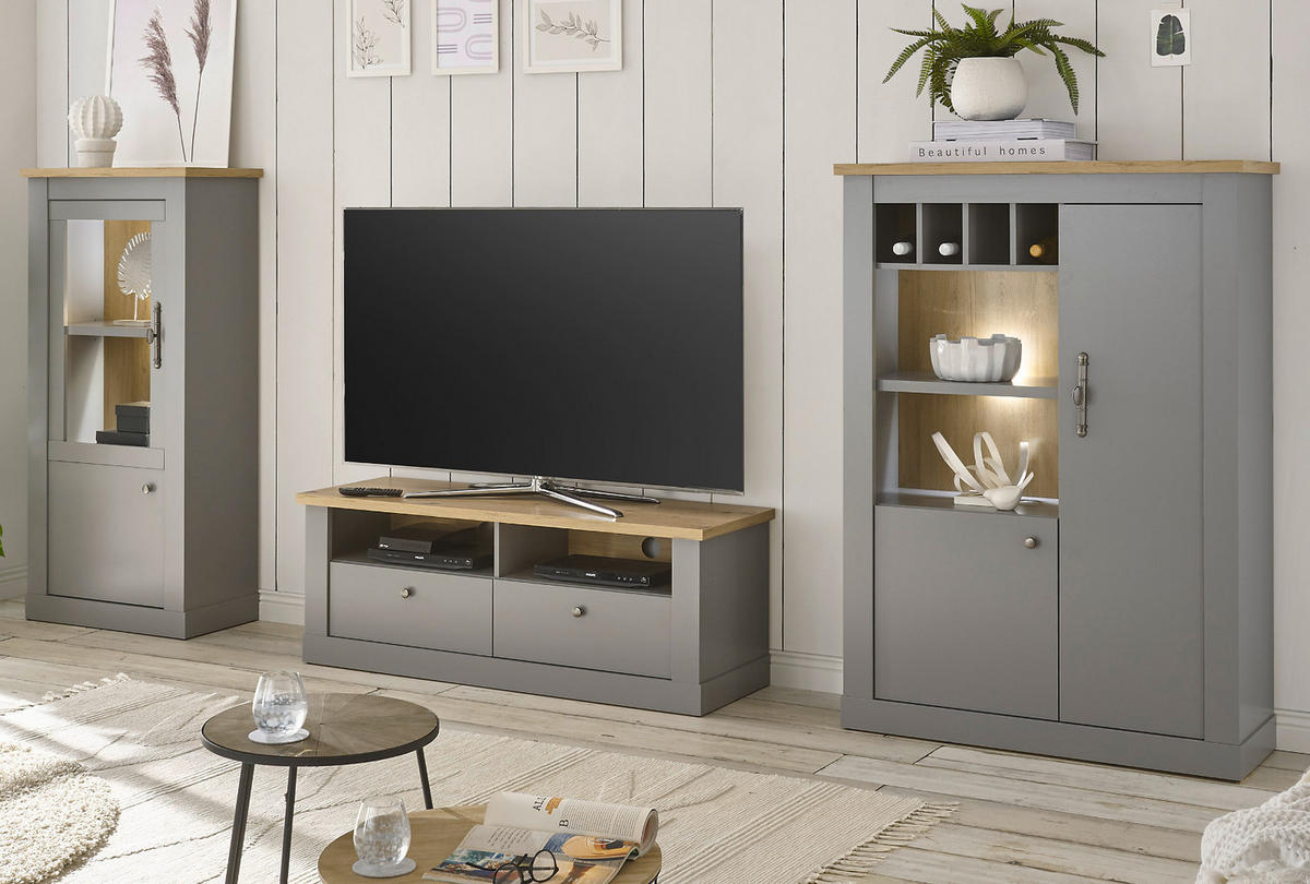 WOHNWAND 3-teilig 323cm grau, Artisan Eiche, Wohnkombination im Landhaus-Stil - Silberfarben/Hellgrau, Holzwerkstoff/Metall (323/142/44cm) - Furn.Design