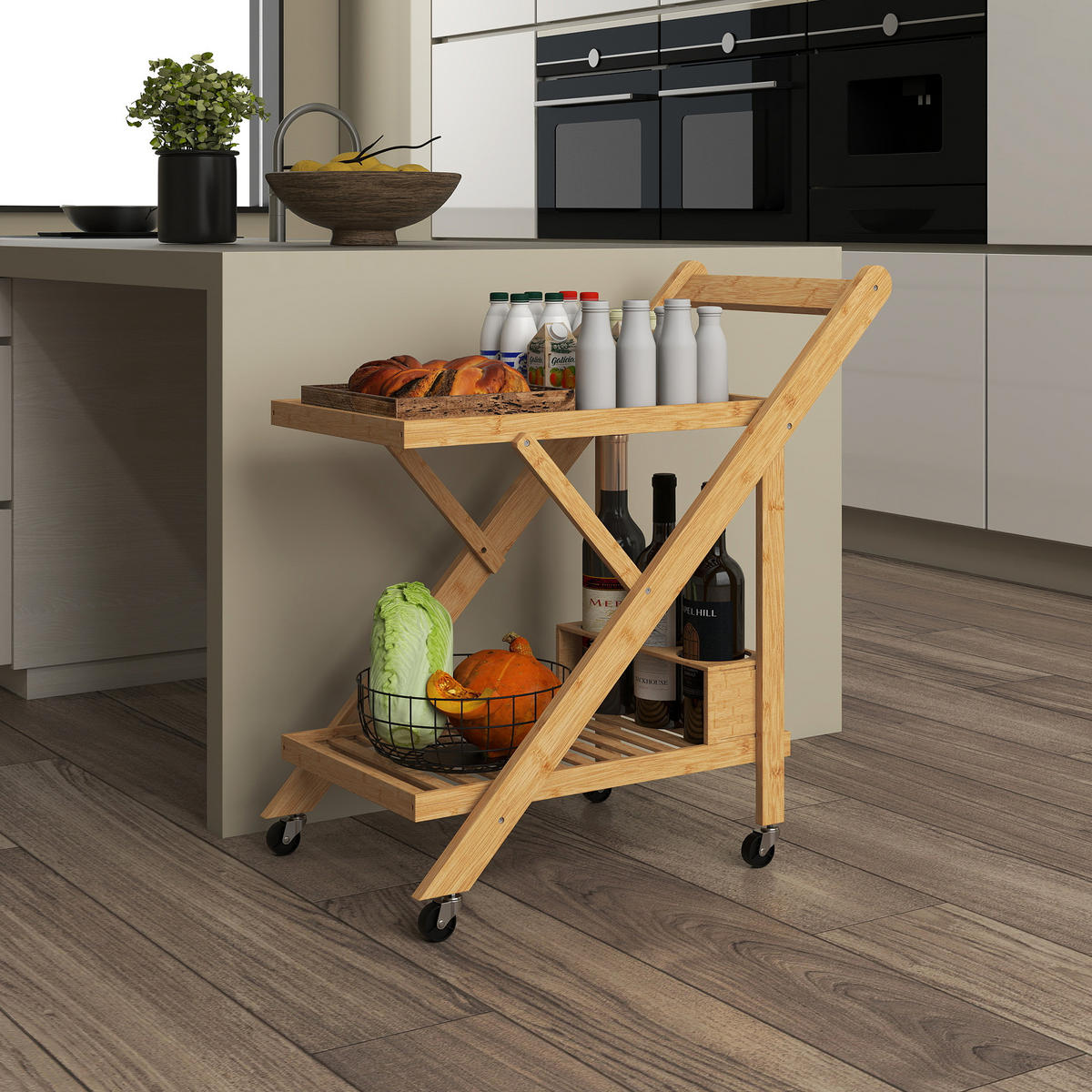 KÜCHENWAGEN mit Weinregal, 66 x 40 x 70 cm, Natur - Naturfarben, Naturmaterialien (40/70/66cm) - HOMCOM