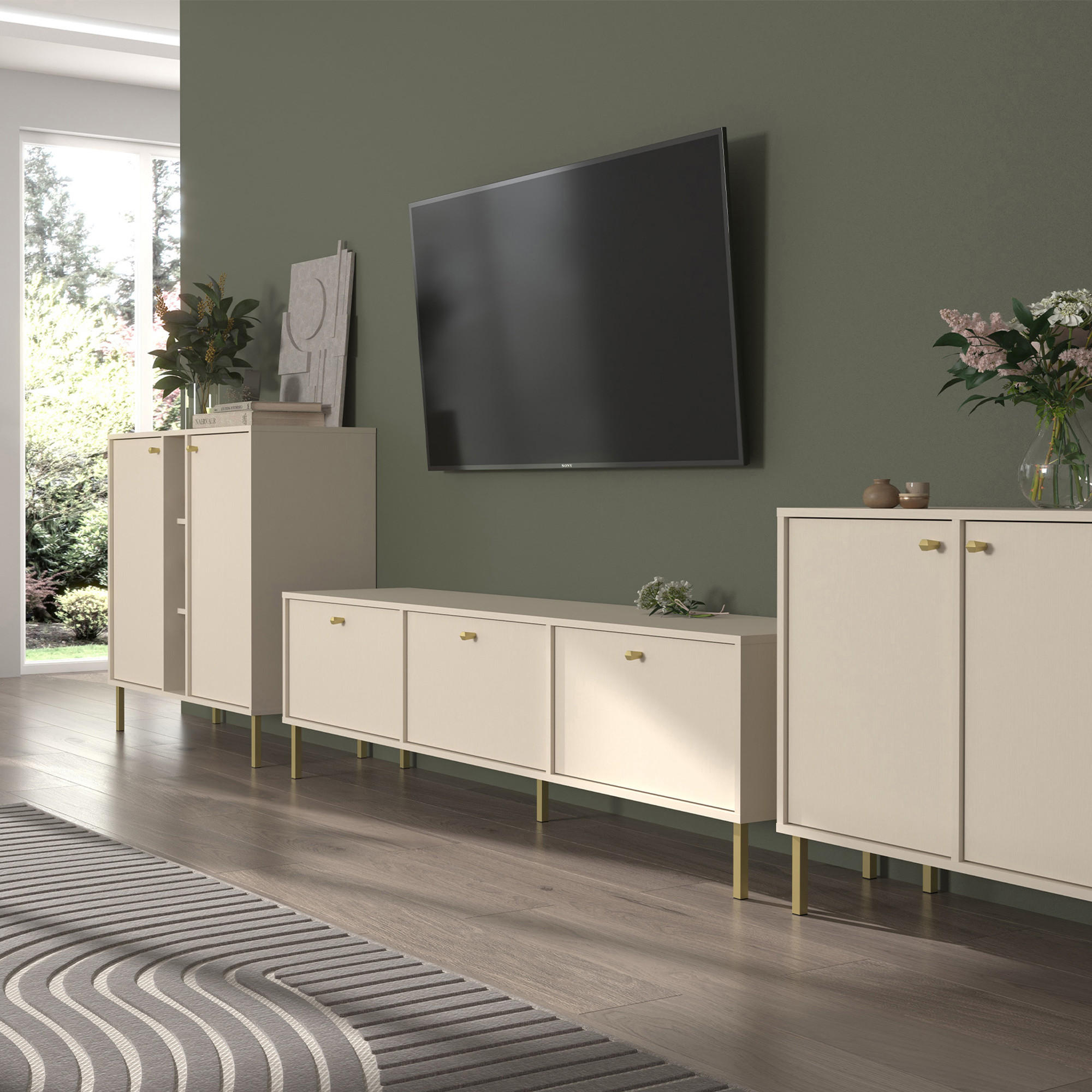 TV-LOWBOARD FLOREN, Creme/Gold - Creme, Holzwerkstoff/Metall (180/50/40.8cm) - KONSIMO®