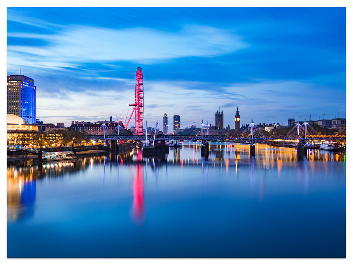FOTOTAPETE für Wohnzimmer Panorama London Eye Themseufer 300x210 - Blau/Rot, Papier (300/210cm) - Muralo