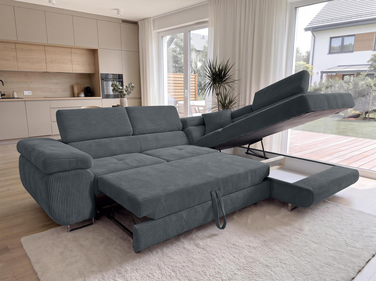 ECKSOFA L Form Konak Dunkelgrau 276/201/90 cm Rechts mit Schlaffunktion - Dunkelgrau/Silberfarben, Textil/Metall (276/203cm) - AX Living