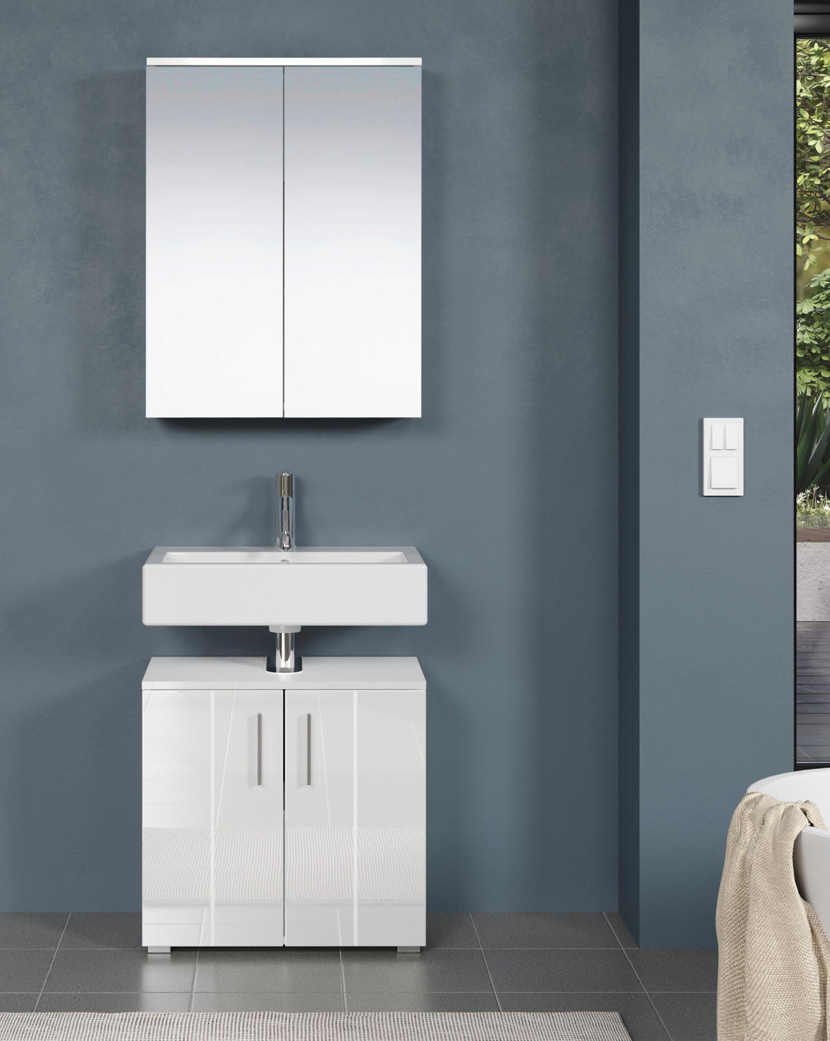 BADMÖBEL-SET weiß Hochglanz 112 x 192 cm 2-teilig, Badezimmer Schränke in modernem Design - Weiß Hochglanz/Silberfarben, Holzwerkstoff/Kunststoff (60/192/32cm) - Top.Furn