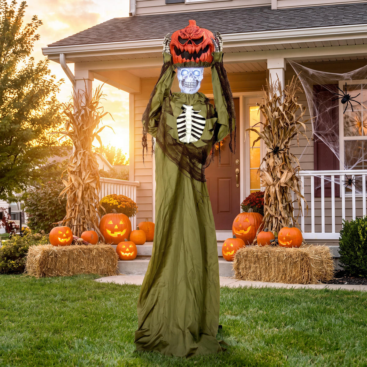 HALLOWEENDEKO DE-42108 Pop-up-Kürbis-Skelett 173 cm mit LED und Sound - Dunkelgrün, Metall (50/173/20cm) - ComfortXL
