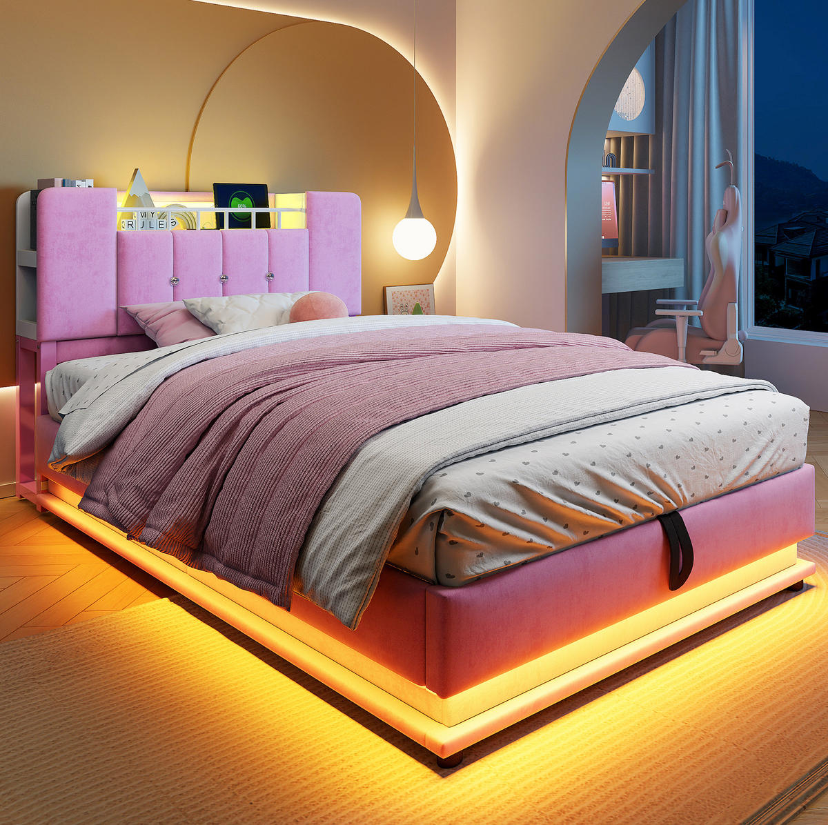 KINDERBETT mit LED, USB und Stauraum 90x200 cm Rosa - Pink, Metall (90/200cm) - Meubliv