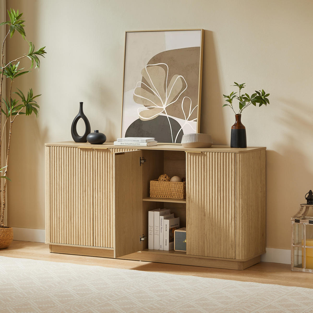 KOMODA z MDF 160x80x40 cm dubový dekor se 4 dvířky, úložným prostorem a vlnitým čelem - barva dubu, kompozitní dřevo (160/80/40cm) - Modfu