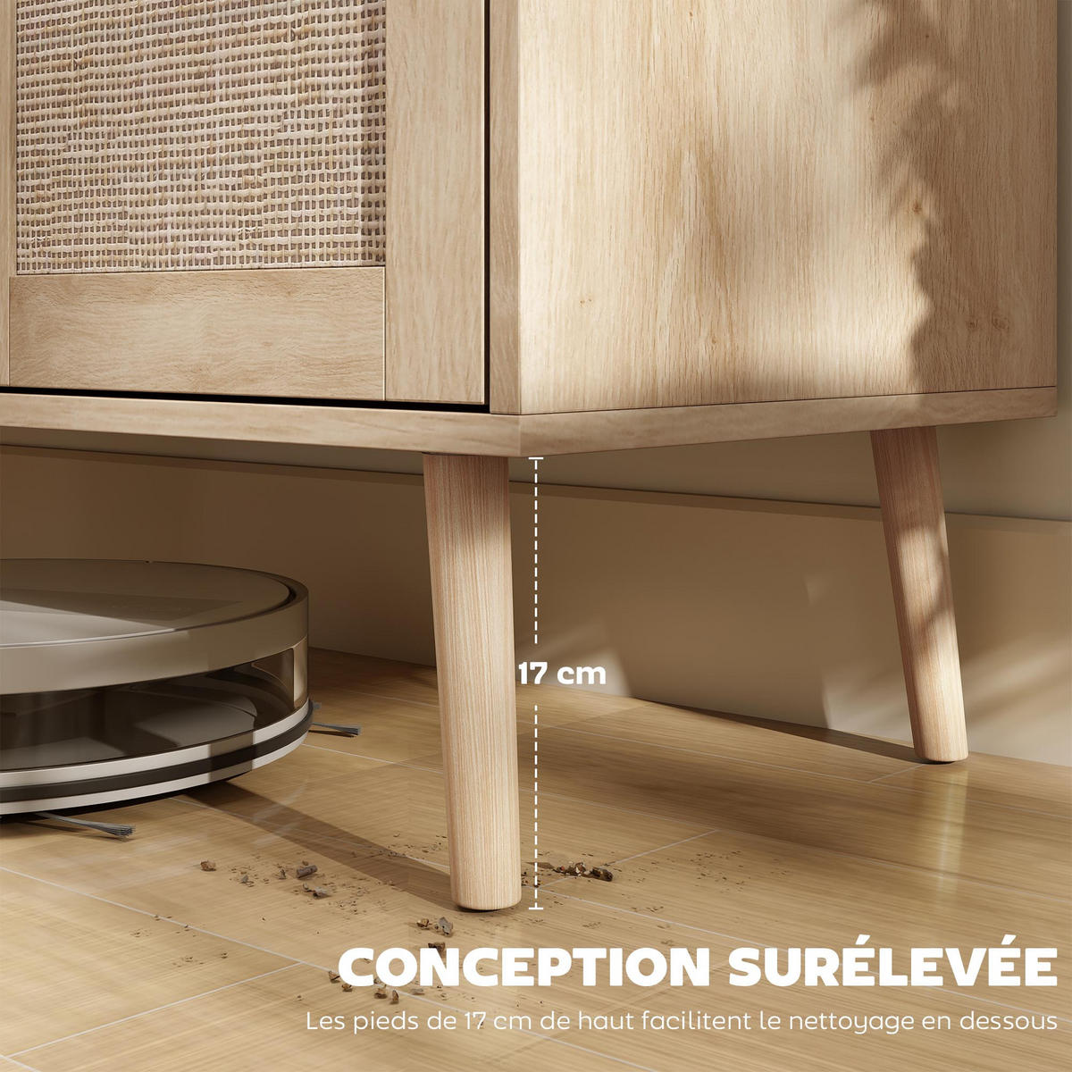 SIDEBOARD DE-11246 2 Türen mit Rattan & verstellbaren Böden Naturholz - Naturfarben, Holzwerkstoff (140/75/40cm) - ComfortXL