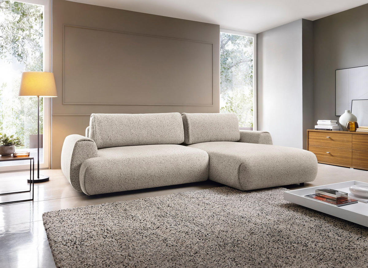 ECKSOFA ZEST Beige Geflochtener Stoff mit Schlaffunktion - Beige, Holz (270/167cm) - MASSENO