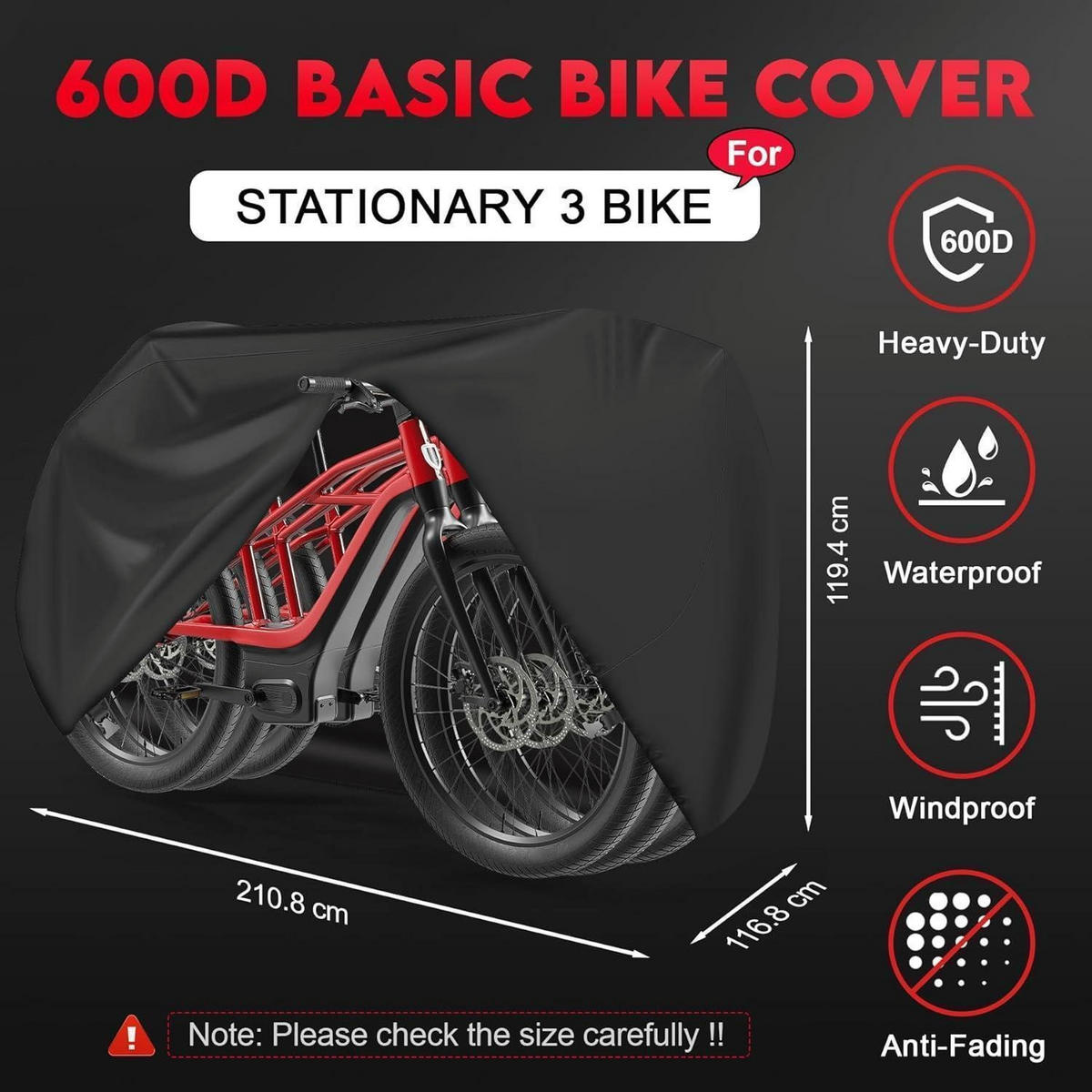 FAHRRADABDECKUNG für 3 Fahrräder 210 x 116 x 119 cm Heavy Duty Wasserdicht - Schwarz, Kunststoff (10/10/10cm)