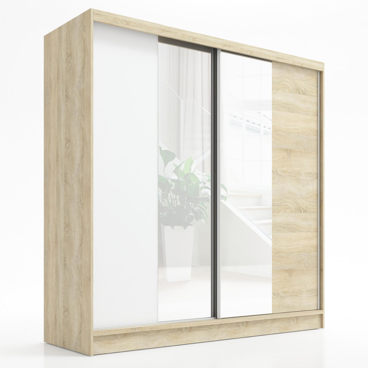 SCHWEBETÜRENSCHRANK 200 CM DUO Farbe: Sonoma | weiß |sonoma - Braun/Weiß, Holzwerkstoff (200/215/60cm) - A&J MöbelLand