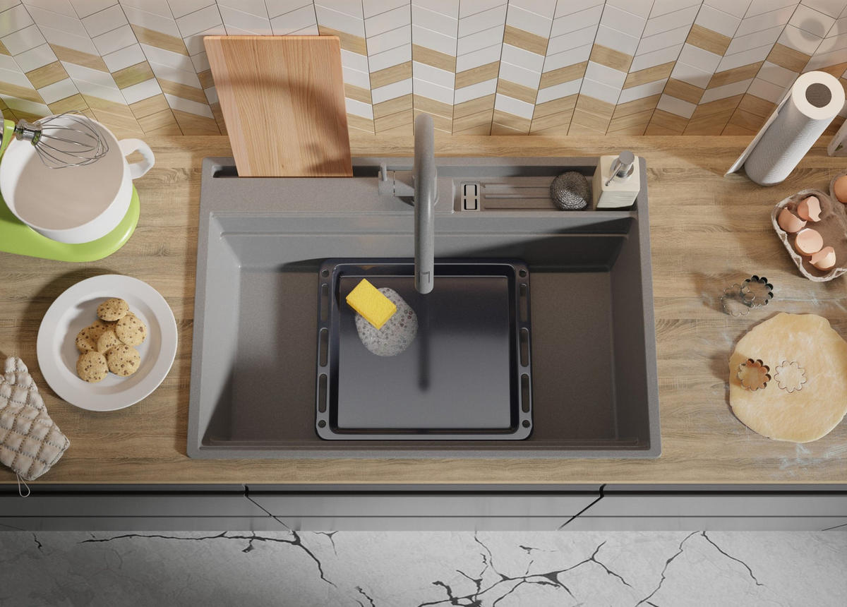 SPÜLBECKEN Oslo Pocket, 2-er set Grau 78/53 cm 1 Becken + Ablauf-Set + Küchenzubehörset ab 80er Unterschrank - Chromfarben/Beige, Kunststoff (78/20/53cm) - Primagran