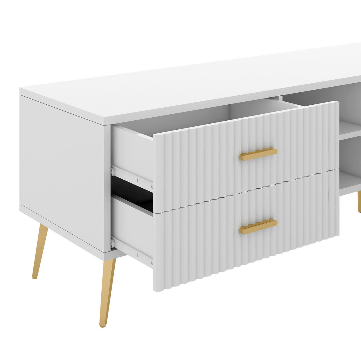TV ormarić 180/35/41 cm bijeli od MDF-a s 2 ladice i 3 otvorena prostora za odlaganje - bijela, drvni materijal (180/44/35cm) - OKWISH