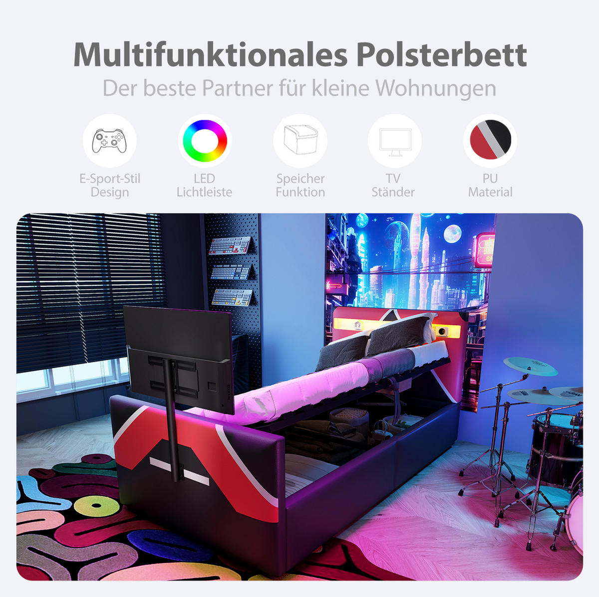 POLSTERBETT mit LED-Beleuchtung 90/200 cm mit Bettkasten und TV-Halterung - Schwarz, Kunststoff (90/200cm) - BEAOK