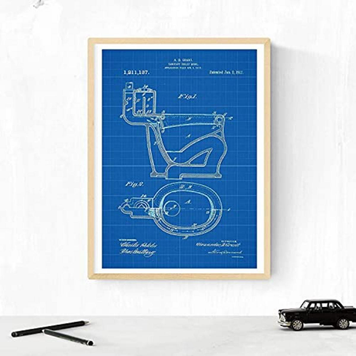 POSTER Set mit 4 BLAU Badezimmer Patent A3 Schwarzer Rahmen - Schwarz, Papier (29.7/3cm) - Nacnic