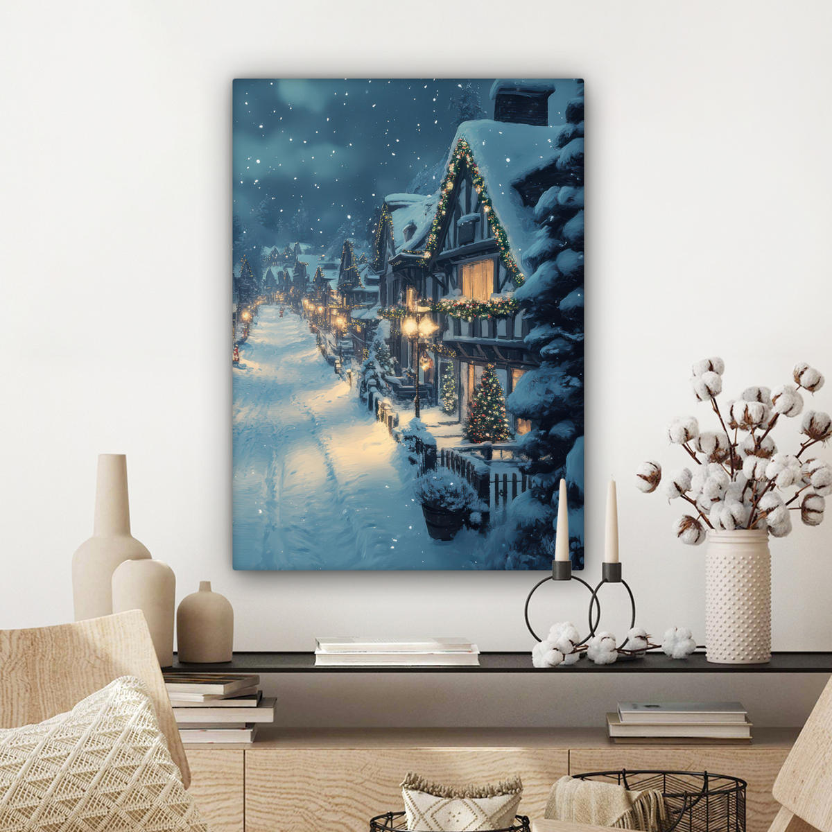 LEINWANDBILD Weihnachtsdorf - Weihnachten - Schnee - Winter Wandbild Wohnzimmer 60x80 cm - Dunkelblau, Textil (60/80cm) - MuchoWow