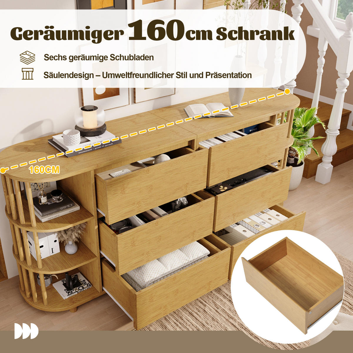 KOMMODEN-SIDEBOARD 160/40/75 cm mit 6 Schubladen & offenen Fächern in Eiche - Naturfarben, Holzwerkstoff (160/75/40cm) - BEAOK
